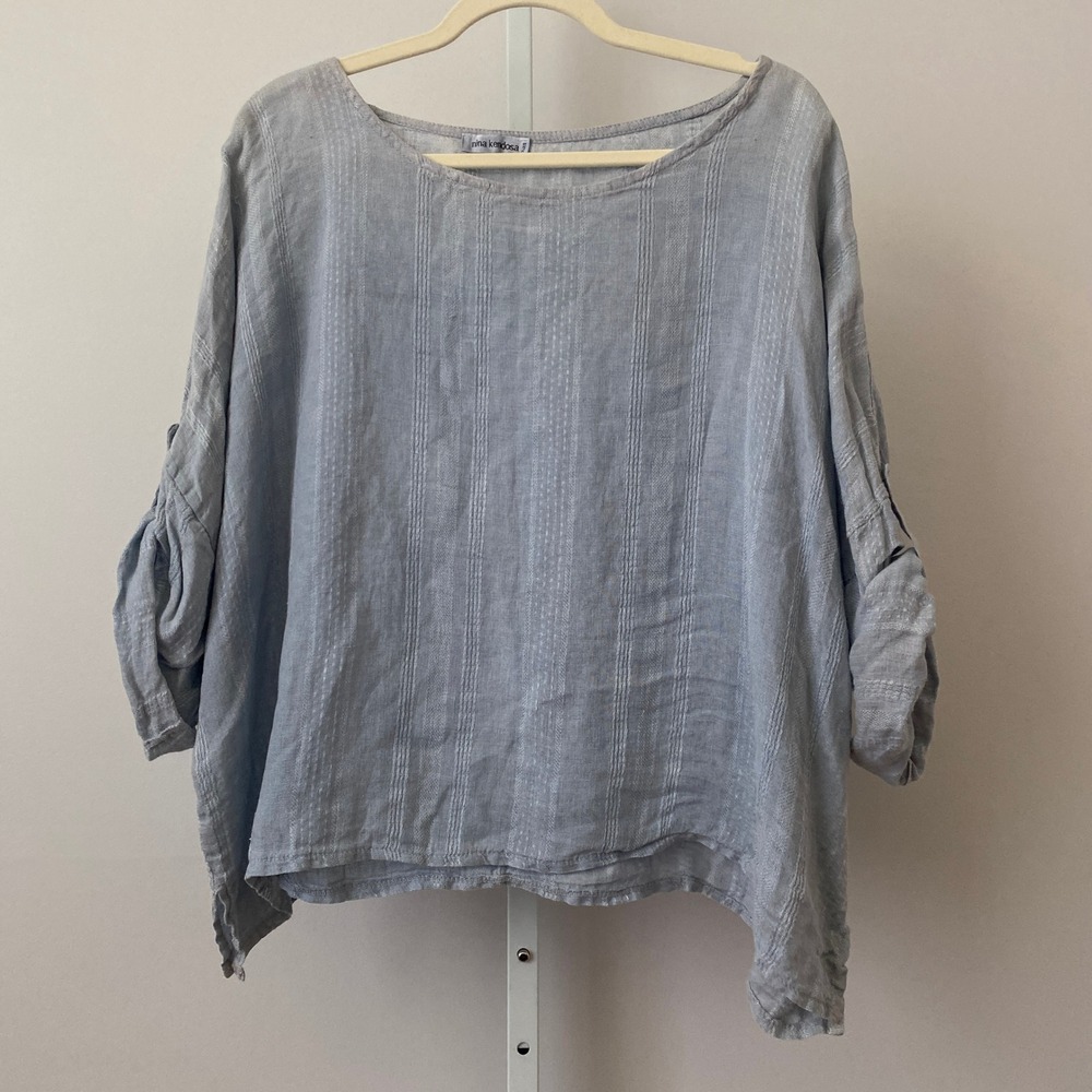 Nina Kendosa OS Blue Linen Cotton Striped Roll Tab Sleeve Blouse Made in Italy